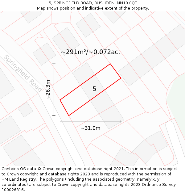 5, SPRINGFIELD ROAD, RUSHDEN, NN10 0QT: Plot and title map