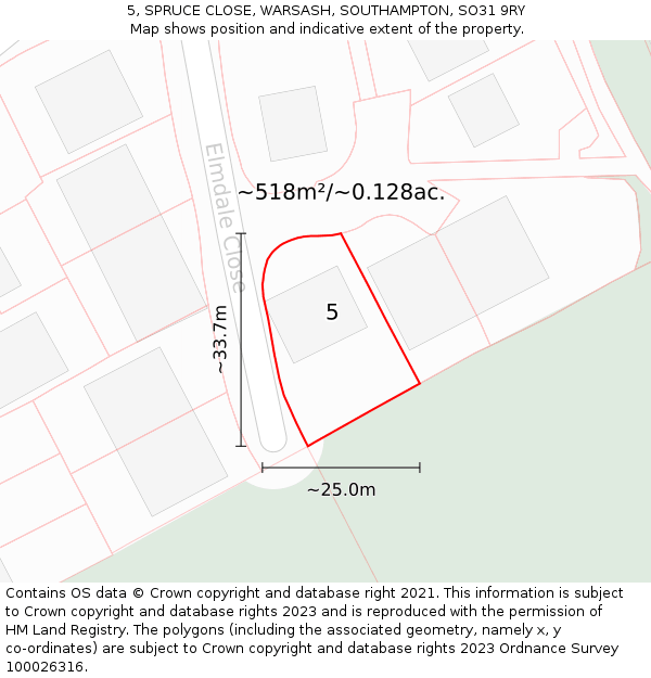 5, SPRUCE CLOSE, WARSASH, SOUTHAMPTON, SO31 9RY: Plot and title map