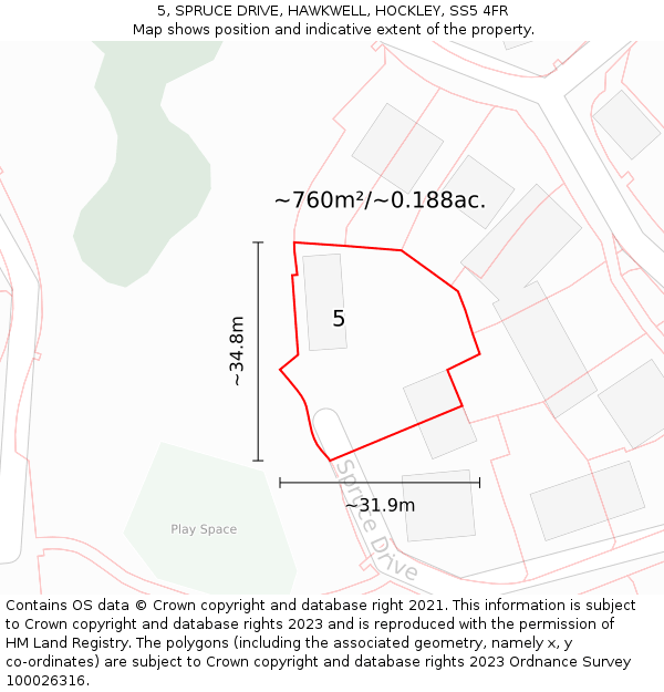 5, SPRUCE DRIVE, HAWKWELL, HOCKLEY, SS5 4FR: Plot and title map
