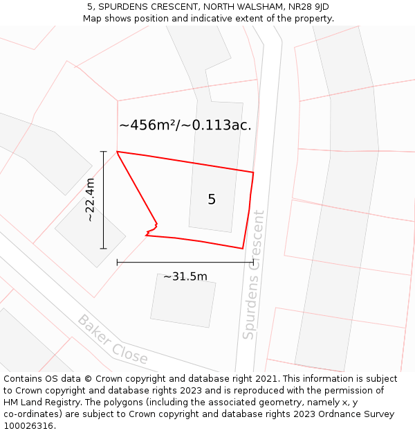 5, SPURDENS CRESCENT, NORTH WALSHAM, NR28 9JD: Plot and title map