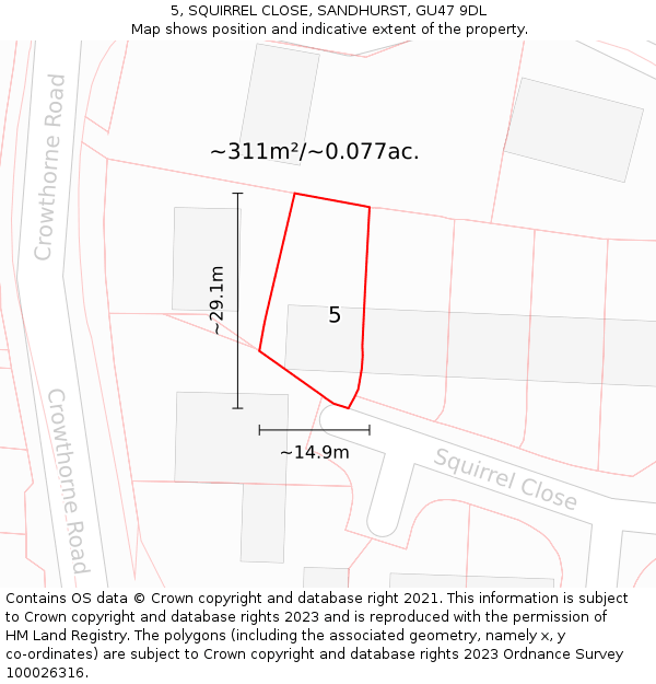 5, SQUIRREL CLOSE, SANDHURST, GU47 9DL: Plot and title map
