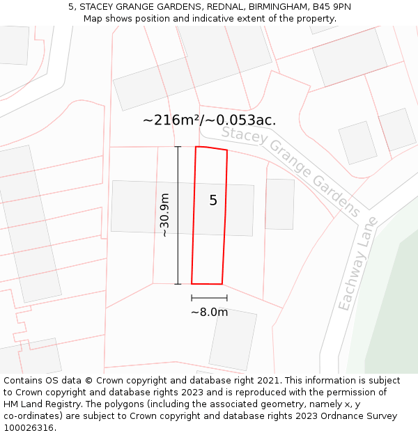 5, STACEY GRANGE GARDENS, REDNAL, BIRMINGHAM, B45 9PN: Plot and title map