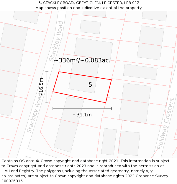 5, STACKLEY ROAD, GREAT GLEN, LEICESTER, LE8 9FZ: Plot and title map