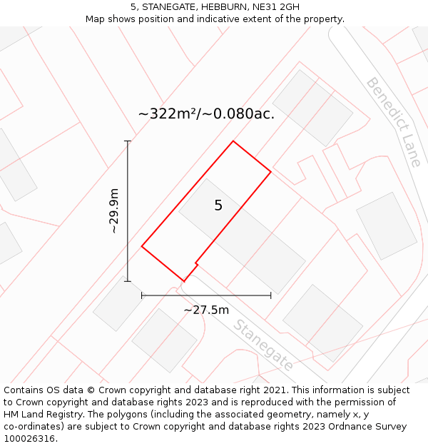 5, STANEGATE, HEBBURN, NE31 2GH: Plot and title map