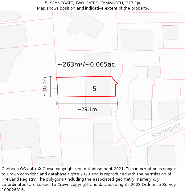 5, STANEGATE, TWO GATES, TAMWORTH, B77 1JX: Plot and title map