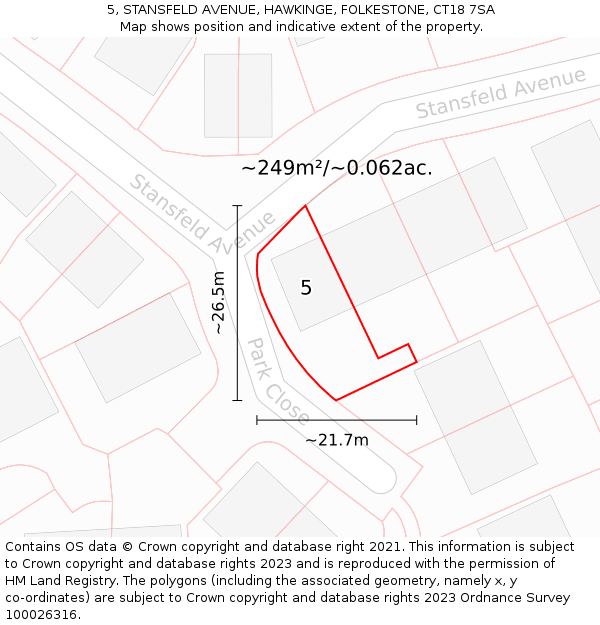 5, STANSFELD AVENUE, HAWKINGE, FOLKESTONE, CT18 7SA: Plot and title map