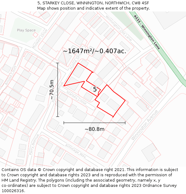 5, STARKEY CLOSE, WINNINGTON, NORTHWICH, CW8 4SF: Plot and title map
