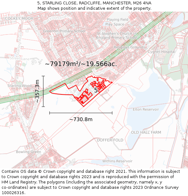 5, STARLING CLOSE, RADCLIFFE, MANCHESTER, M26 4NA: Plot and title map