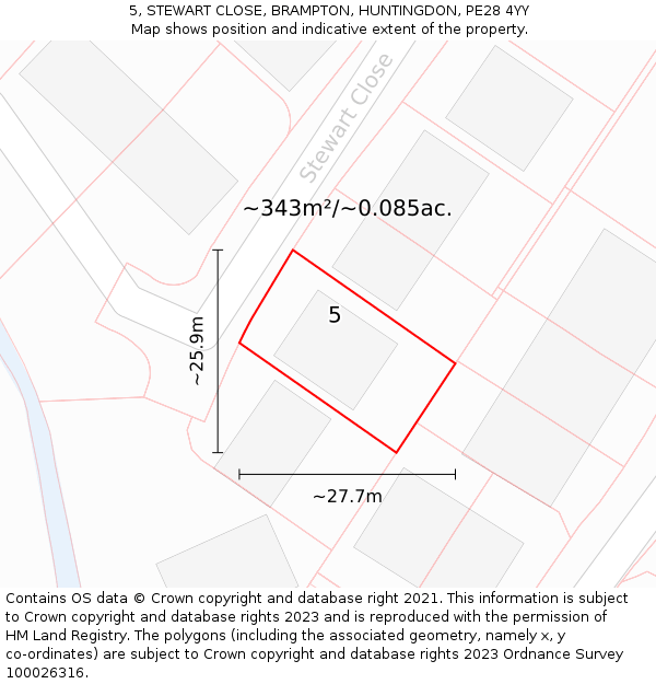 5, STEWART CLOSE, BRAMPTON, HUNTINGDON, PE28 4YY: Plot and title map