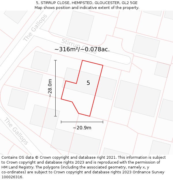 5, STIRRUP CLOSE, HEMPSTED, GLOUCESTER, GL2 5GE: Plot and title map