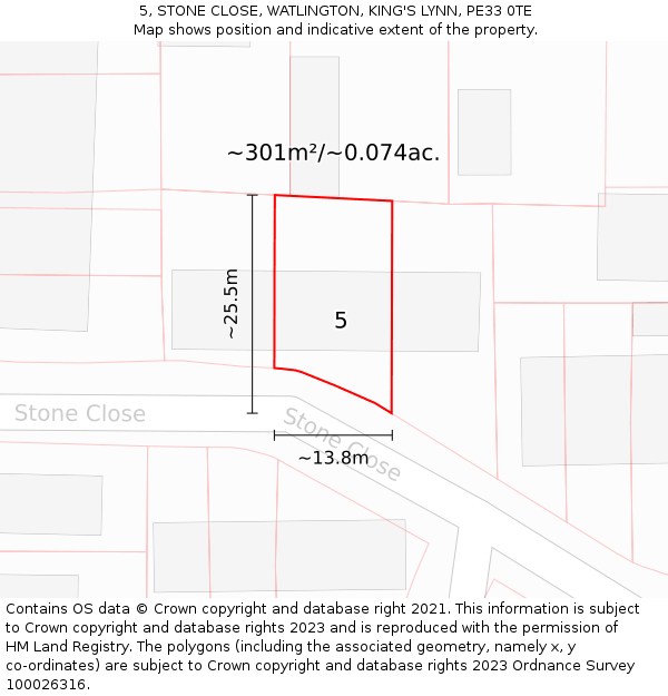 5, STONE CLOSE, WATLINGTON, KING'S LYNN, PE33 0TE: Plot and title map