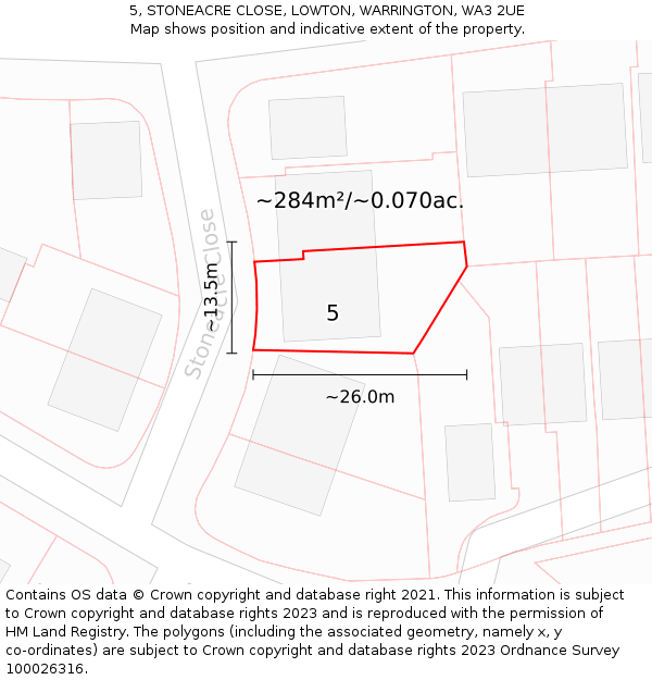 5, STONEACRE CLOSE, LOWTON, WARRINGTON, WA3 2UE: Plot and title map