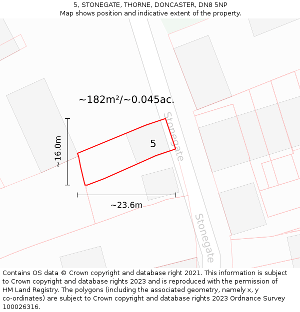 5, STONEGATE, THORNE, DONCASTER, DN8 5NP: Plot and title map