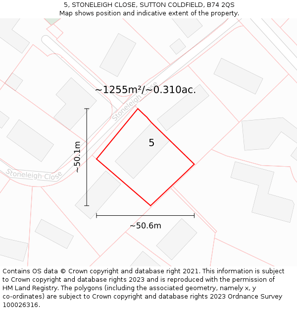 5, STONELEIGH CLOSE, SUTTON COLDFIELD, B74 2QS: Plot and title map