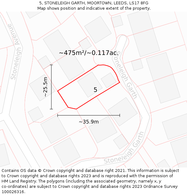 5, STONELEIGH GARTH, MOORTOWN, LEEDS, LS17 8FG: Plot and title map