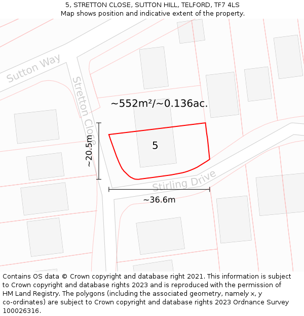 5, STRETTON CLOSE, SUTTON HILL, TELFORD, TF7 4LS: Plot and title map