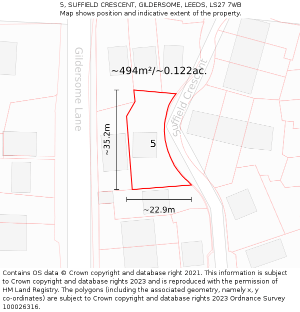 5, SUFFIELD CRESCENT, GILDERSOME, LEEDS, LS27 7WB: Plot and title map