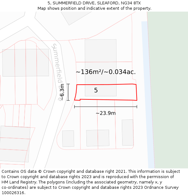 5, SUMMERFIELD DRIVE, SLEAFORD, NG34 8TX: Plot and title map