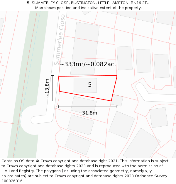5, SUMMERLEY CLOSE, RUSTINGTON, LITTLEHAMPTON, BN16 3TU: Plot and title map