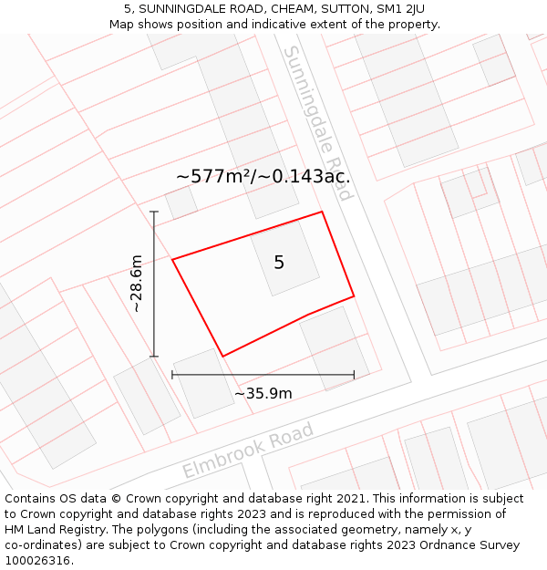 5, SUNNINGDALE ROAD, CHEAM, SUTTON, SM1 2JU: Plot and title map