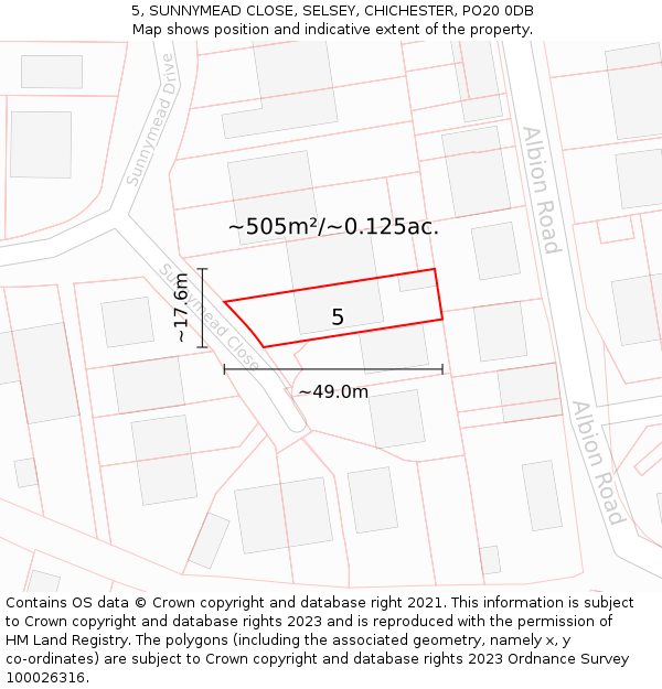 5, SUNNYMEAD CLOSE, SELSEY, CHICHESTER, PO20 0DB: Plot and title map