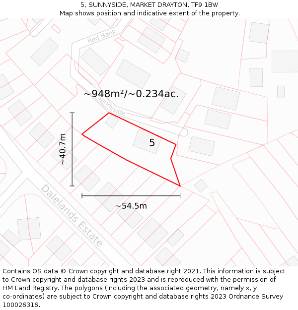 5, SUNNYSIDE, MARKET DRAYTON, TF9 1BW: Plot and title map