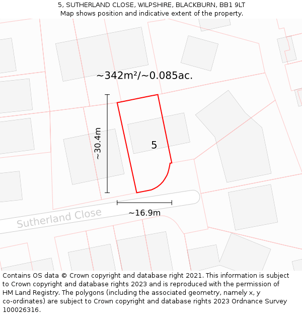 5, SUTHERLAND CLOSE, WILPSHIRE, BLACKBURN, BB1 9LT: Plot and title map