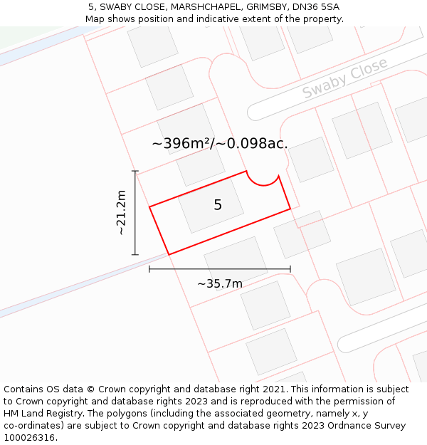 5, SWABY CLOSE, MARSHCHAPEL, GRIMSBY, DN36 5SA: Plot and title map