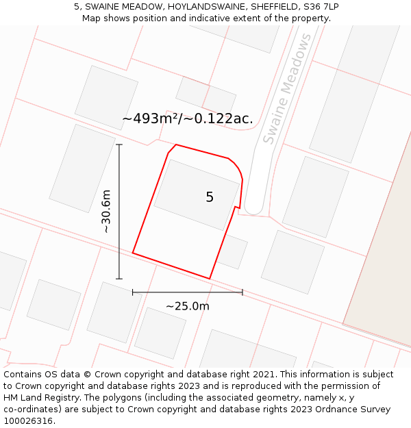 5, SWAINE MEADOW, HOYLANDSWAINE, SHEFFIELD, S36 7LP: Plot and title map