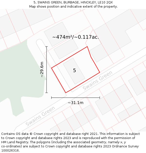 5, SWAINS GREEN, BURBAGE, HINCKLEY, LE10 2QX: Plot and title map