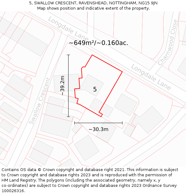 5, SWALLOW CRESCENT, RAVENSHEAD, NOTTINGHAM, NG15 9JN: Plot and title map