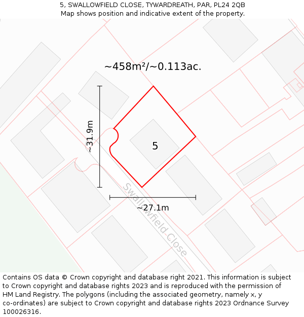 5, SWALLOWFIELD CLOSE, TYWARDREATH, PAR, PL24 2QB: Plot and title map