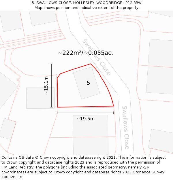 5, SWALLOWS CLOSE, HOLLESLEY, WOODBRIDGE, IP12 3RW: Plot and title map