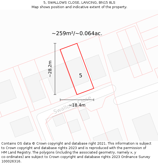 5, SWALLOWS CLOSE, LANCING, BN15 8LS: Plot and title map