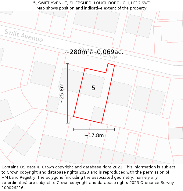 5, SWIFT AVENUE, SHEPSHED, LOUGHBOROUGH, LE12 9WD: Plot and title map