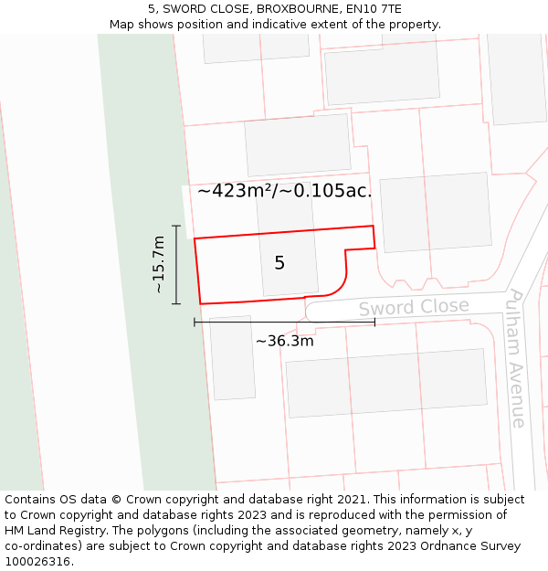 5, SWORD CLOSE, BROXBOURNE, EN10 7TE: Plot and title map