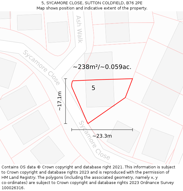 5, SYCAMORE CLOSE, SUTTON COLDFIELD, B76 2PE: Plot and title map