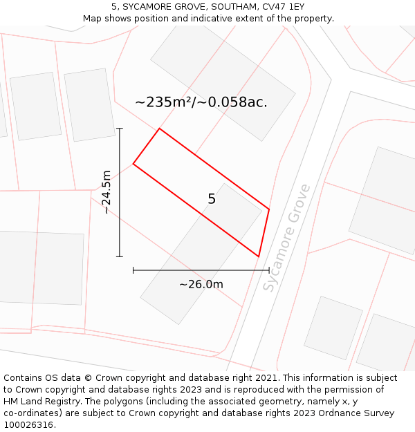 5, SYCAMORE GROVE, SOUTHAM, CV47 1EY: Plot and title map
