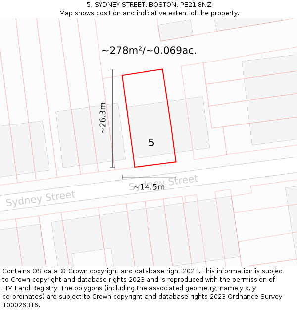 5, SYDNEY STREET, BOSTON, PE21 8NZ: Plot and title map
