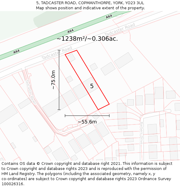 5, TADCASTER ROAD, COPMANTHORPE, YORK, YO23 3UL: Plot and title map