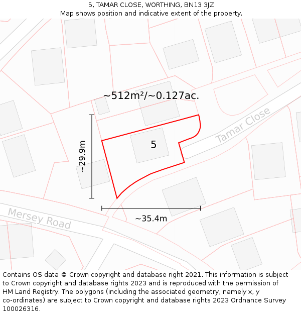 5, TAMAR CLOSE, WORTHING, BN13 3JZ: Plot and title map