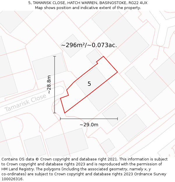 5, TAMARISK CLOSE, HATCH WARREN, BASINGSTOKE, RG22 4UX: Plot and title map