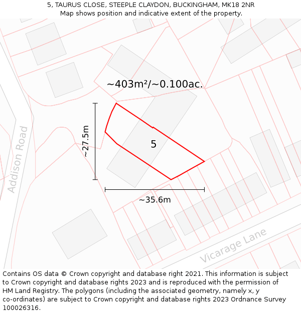 5, TAURUS CLOSE, STEEPLE CLAYDON, BUCKINGHAM, MK18 2NR: Plot and title map