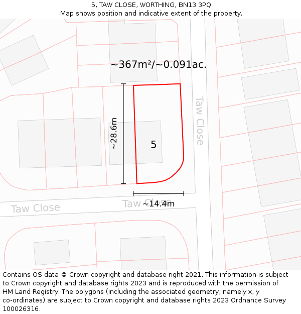 5, TAW CLOSE, WORTHING, BN13 3PQ: Plot and title map