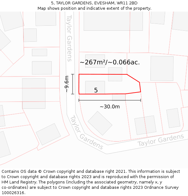 5, TAYLOR GARDENS, EVESHAM, WR11 2BD: Plot and title map