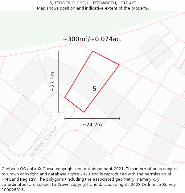 5, TEDDER CLOSE, LUTTERWORTH, LE17 4YT: Plot and title map