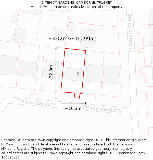 5, TEHIDY GARDENS, CAMBORNE, TR14 0ET: Plot and title map
