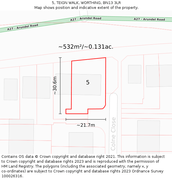 5, TEIGN WALK, WORTHING, BN13 3LR: Plot and title map