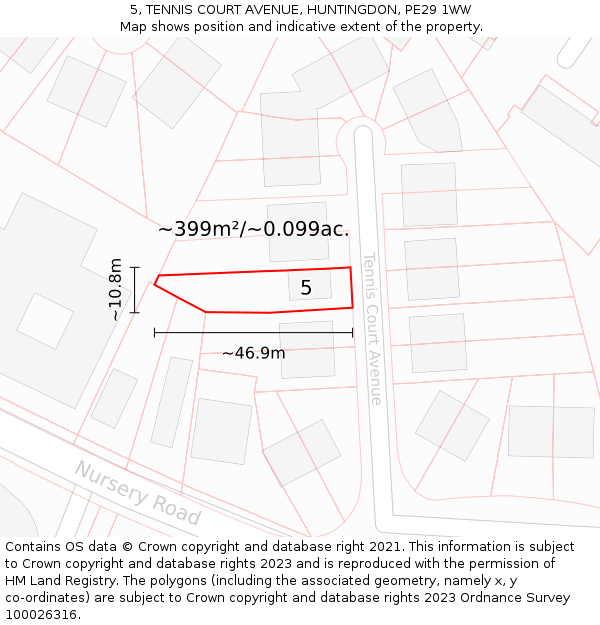 5, TENNIS COURT AVENUE, HUNTINGDON, PE29 1WW: Plot and title map