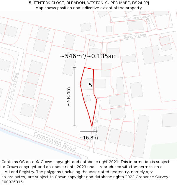 5, TENTERK CLOSE, BLEADON, WESTON-SUPER-MARE, BS24 0PJ: Plot and title map